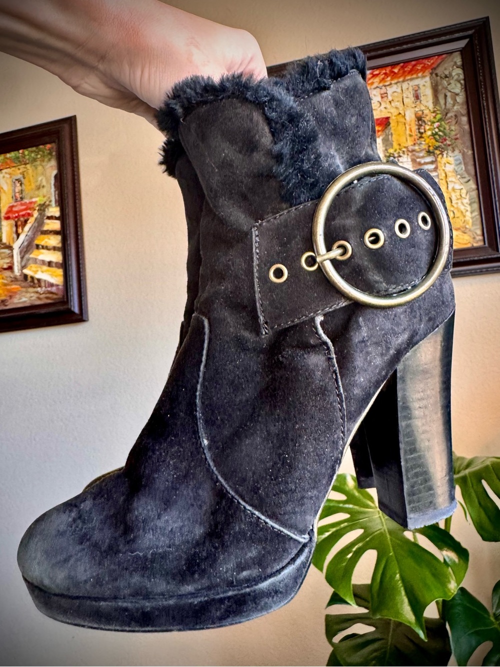Colin Stuart Suede Leather Heels Ankle Boots Booties 6 Black Fur